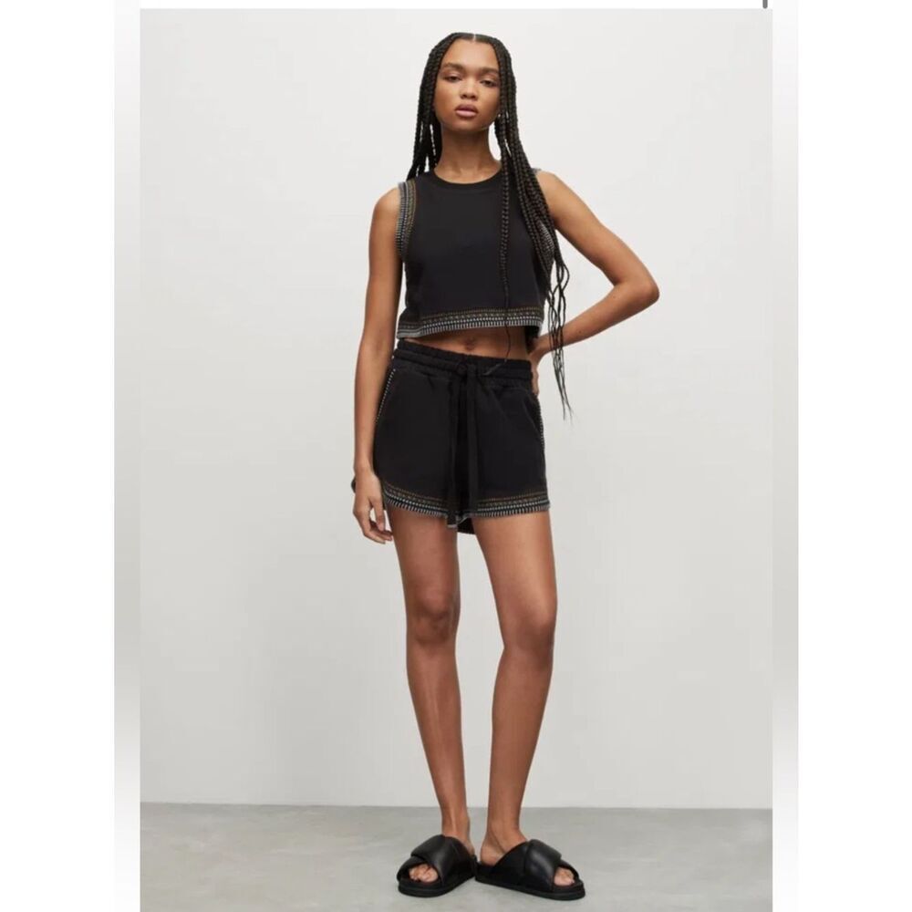 All Saints Lila Embroidered Crotchet Trim Sweat Shorts Black